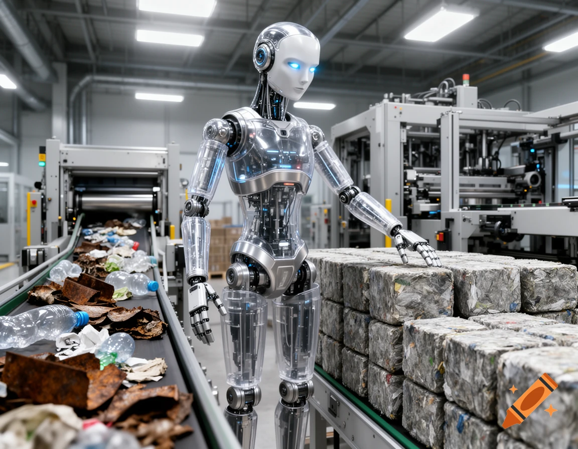 A photorealistic robot in a factory stands next to a conveyor belt with garbage and stacked bales of processed waste.
