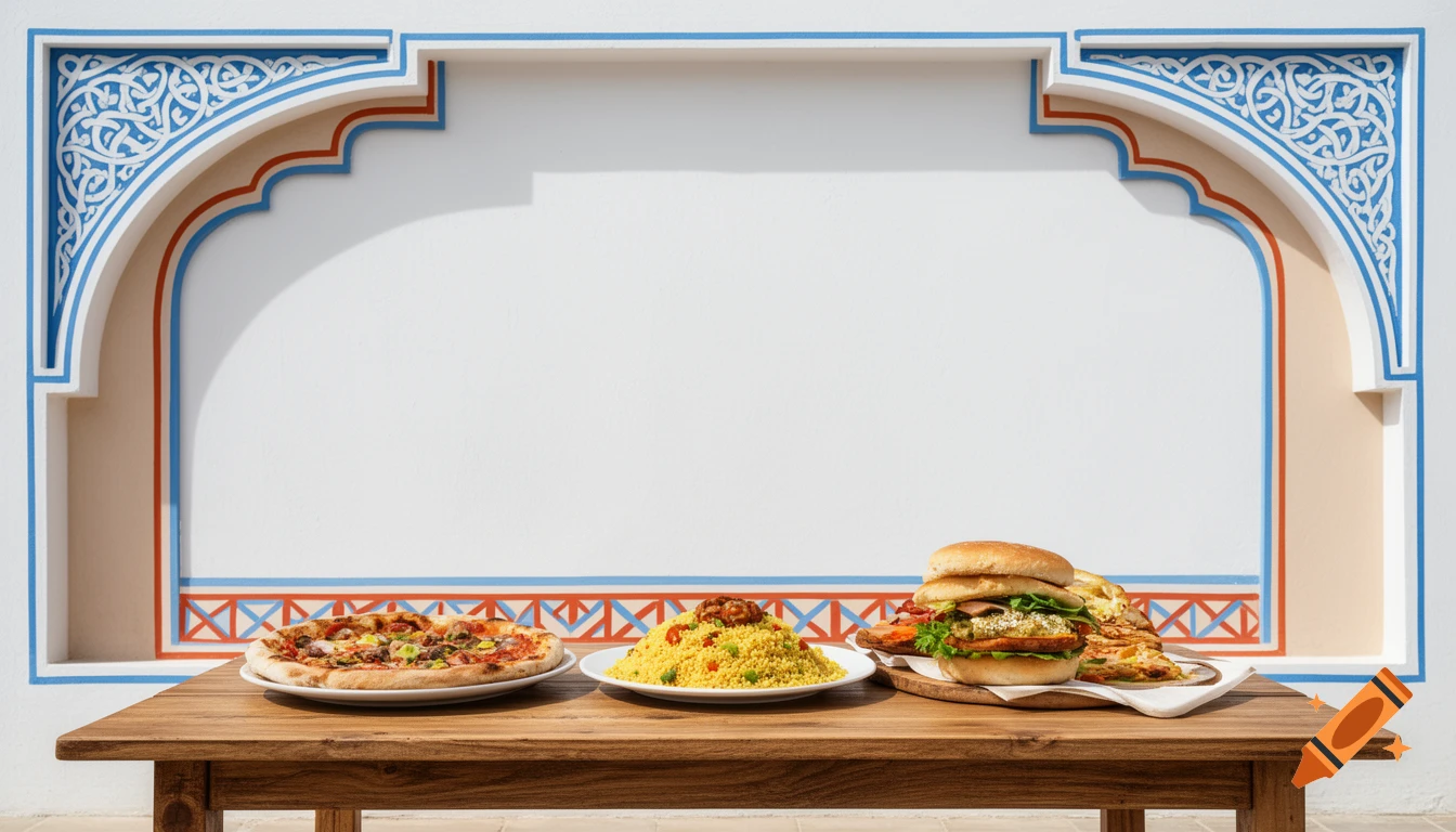A wooden table holds a pizza, couscous, and a burger in front of a white wall with blue and orange Tunisian-style decorative arches.