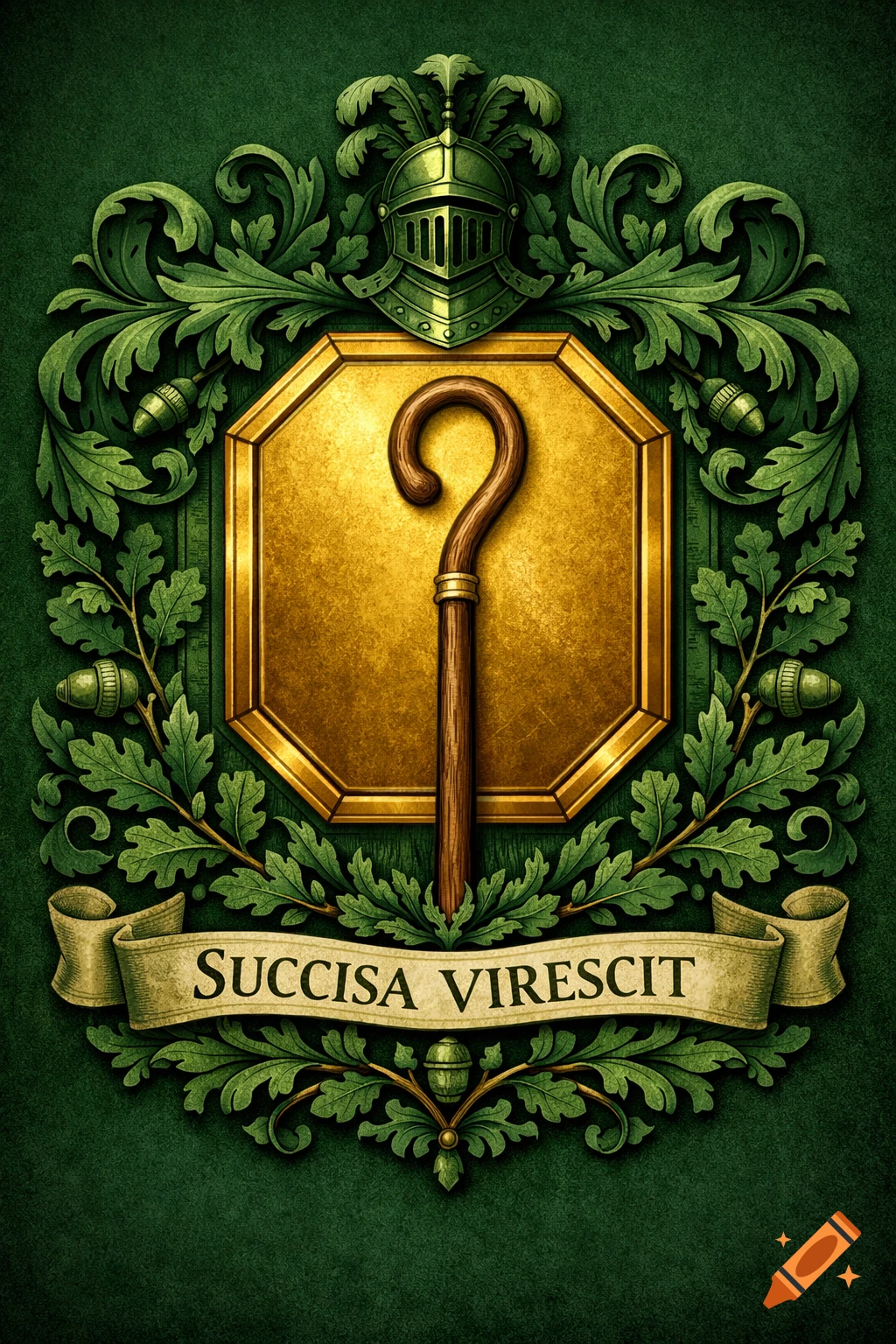 Ornate coat of arms with a golden octagon, question mark staff, knight's helmet, oak leaves, and a banner reading 'SUCCISA VIRESCIT'.