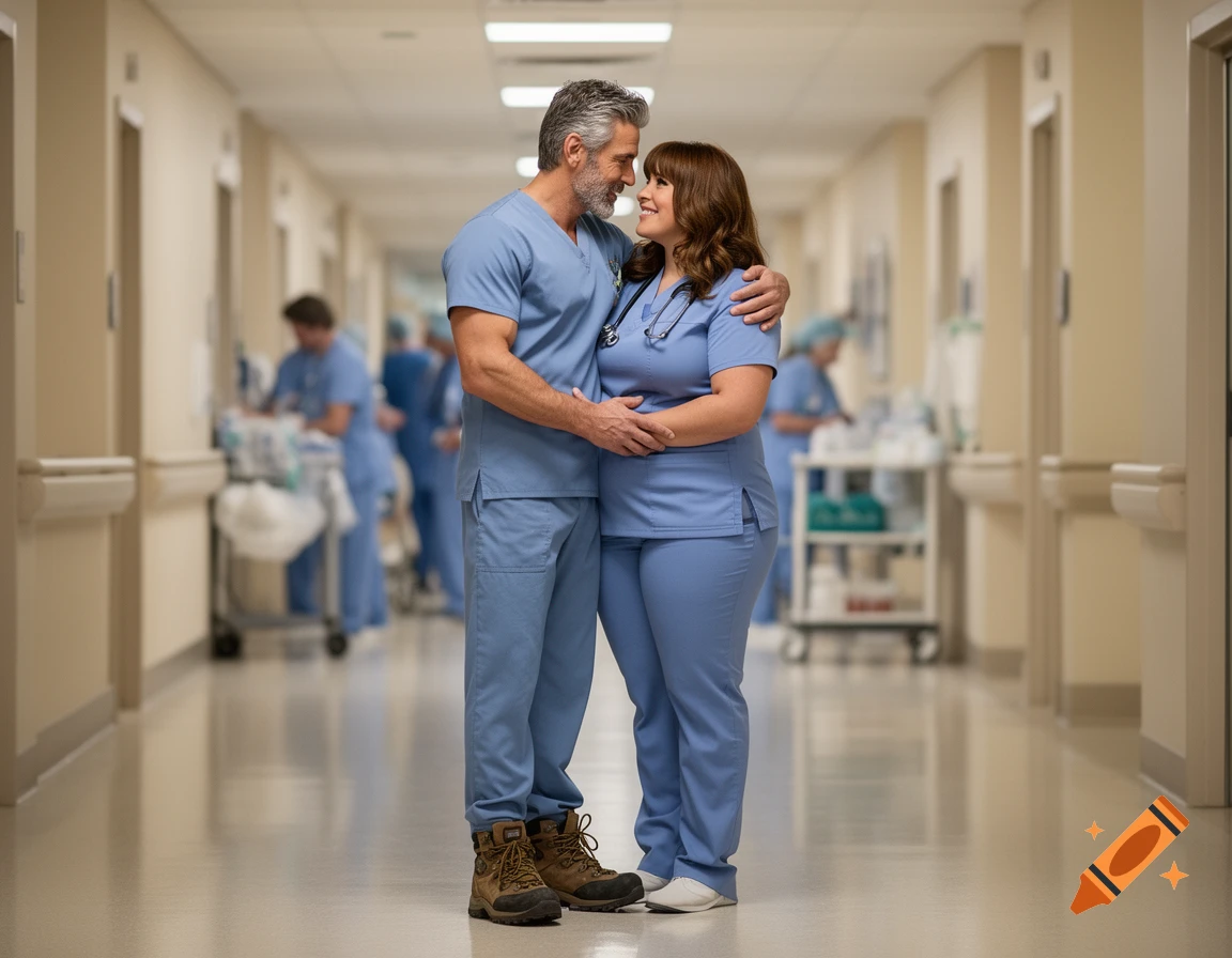 A loving couple in scrubs, a man with salt and pepper hair and a curvy woman, hug in a hospital hallway.