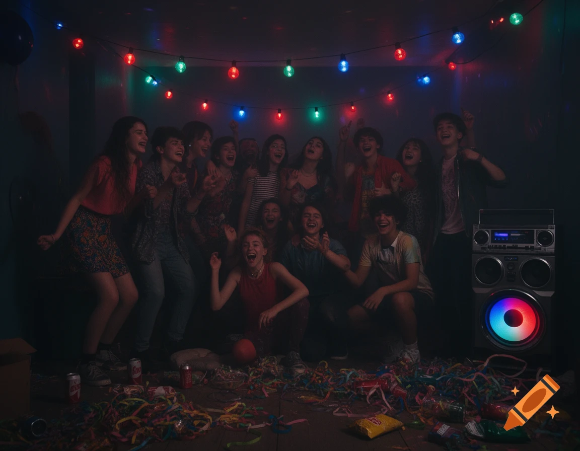A group of happy teenagers cheer and laugh at a lively party in a dimly lit room, illuminated by colorful string lights. Confetti litters the floor.