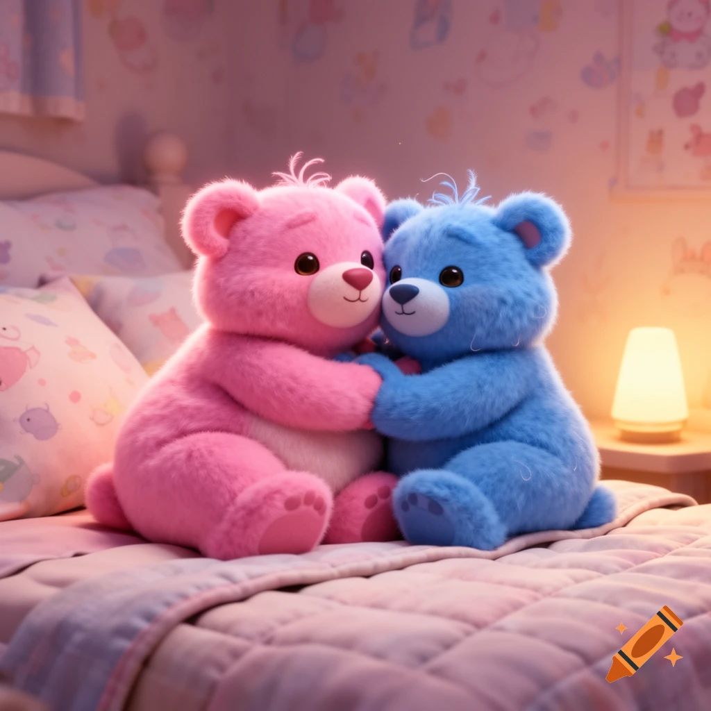 Two fluffy 3D cartoon teddy bears, one pink and one blue, cuddle closely on a soft bed.