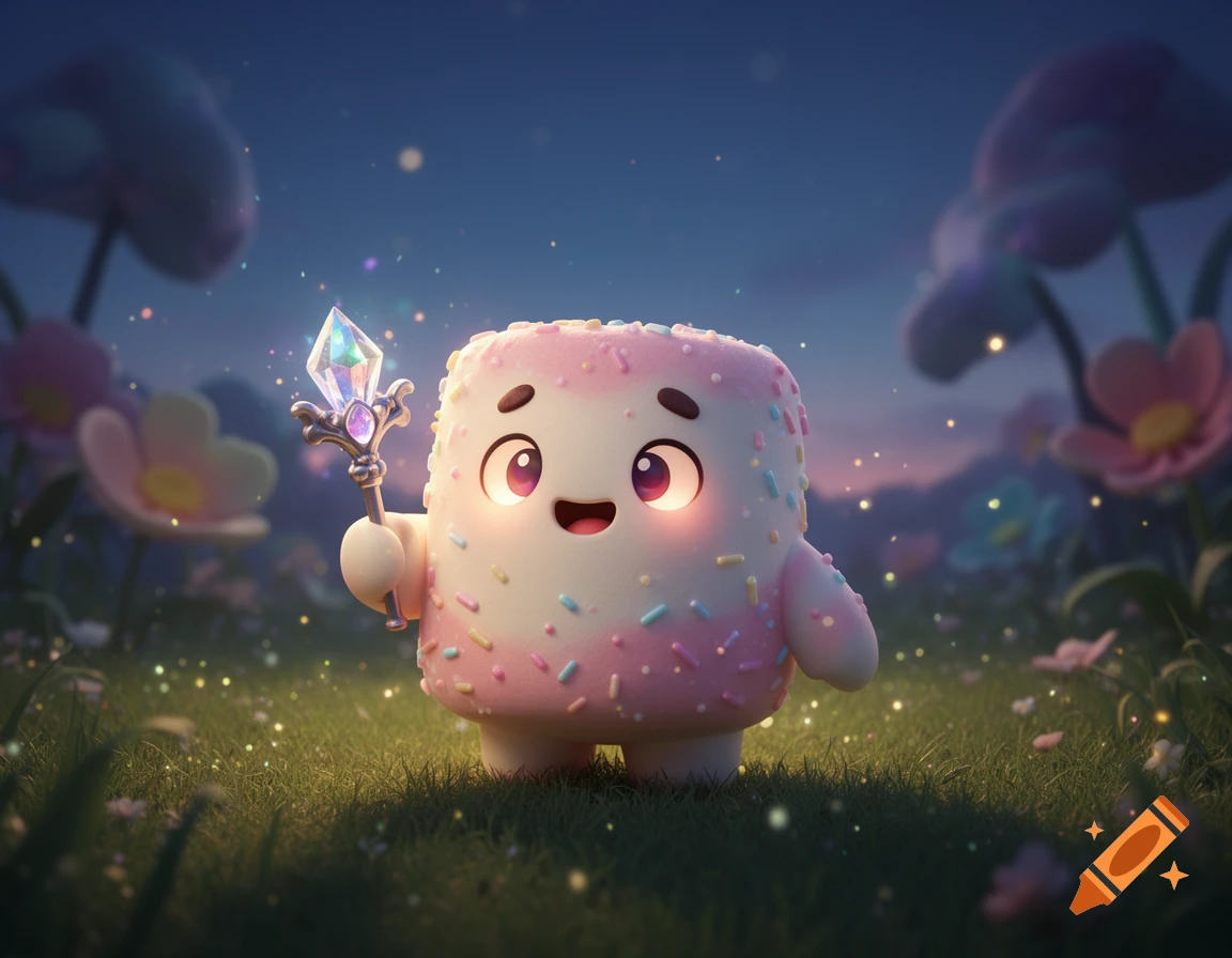 A cute, pink and white marshmallow creature with sprinkles, glowing eyes, holds a crystal magic wand in a whimsical, starry garden.