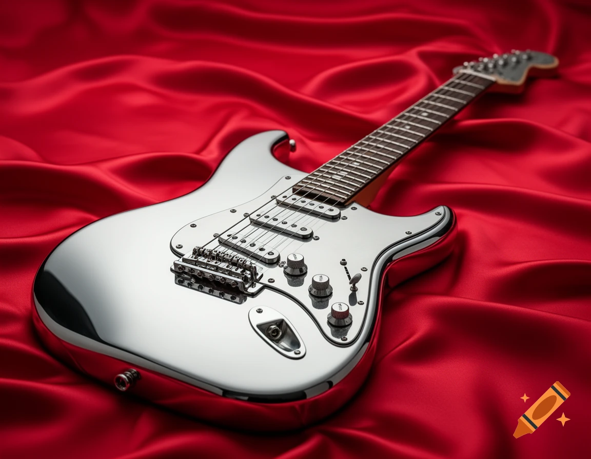 A chrome electric guitar rests on red silk.