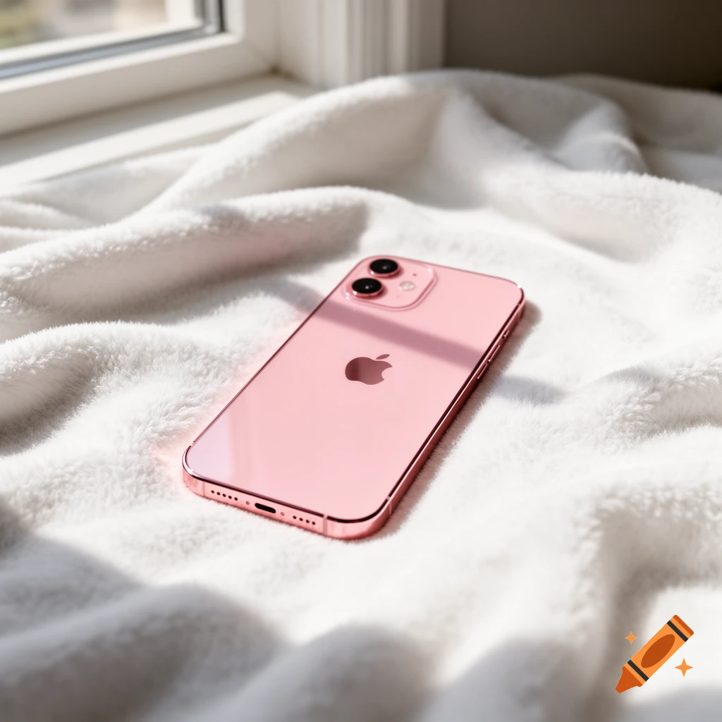 A pink iPhone 14 rests on a soft white blanket in sunlit conditions, positioned near a window.