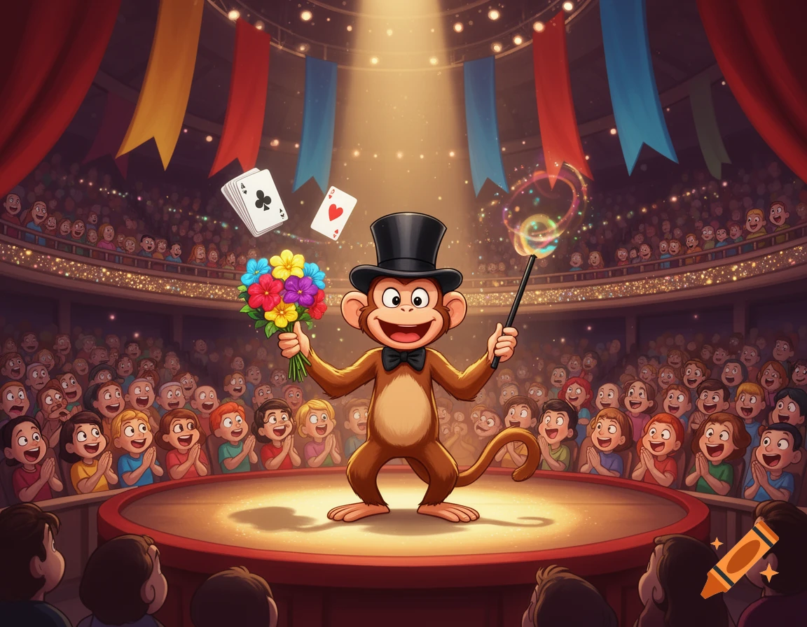 A cartoon monkey wearing a top hat and bow tie performs magic on stage for a cheering audience in a circus tent.