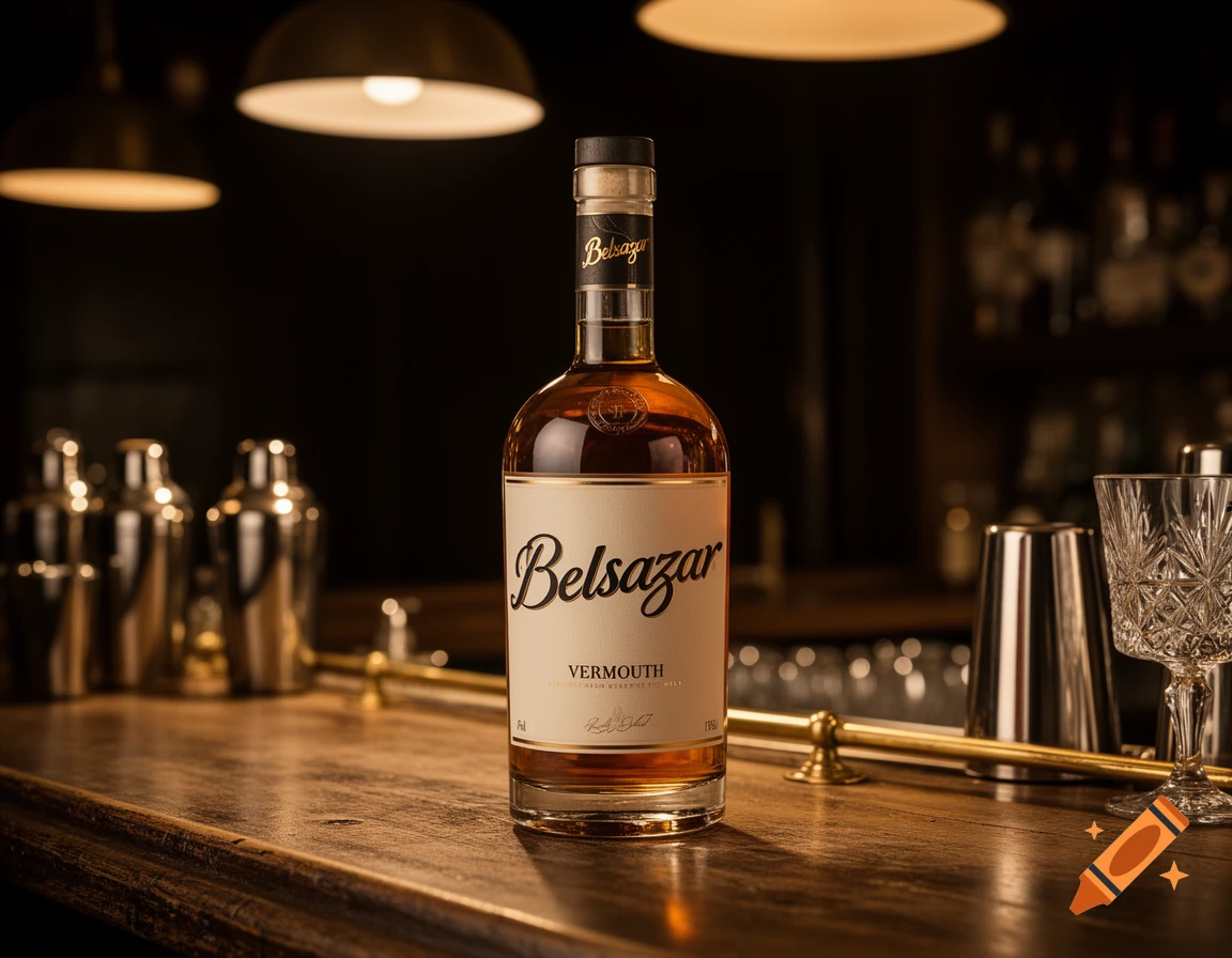Photorealistic image of a Belsazar Vermouth bottle on a wooden bar counter with bar tools and dim lighting.