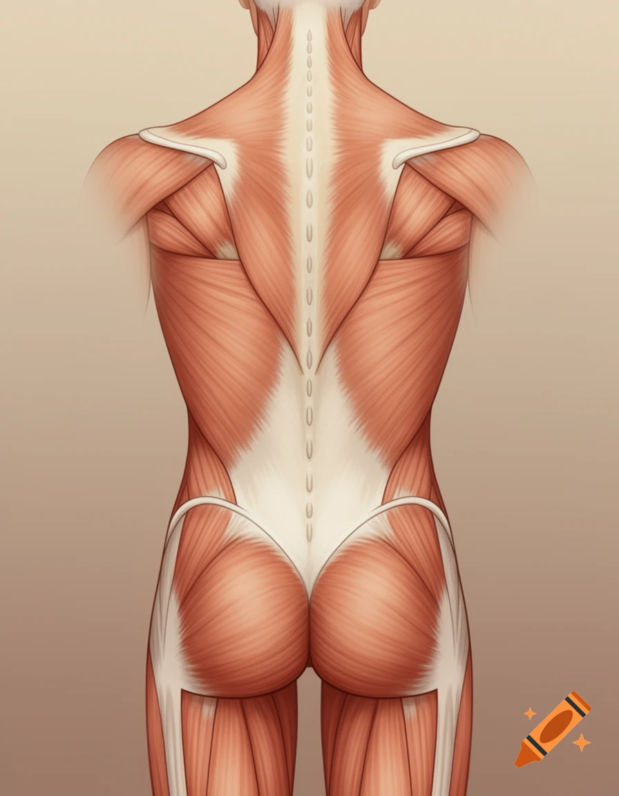Detailed anatomical illustration of the human back, showing muscles, tendons, and the spine.