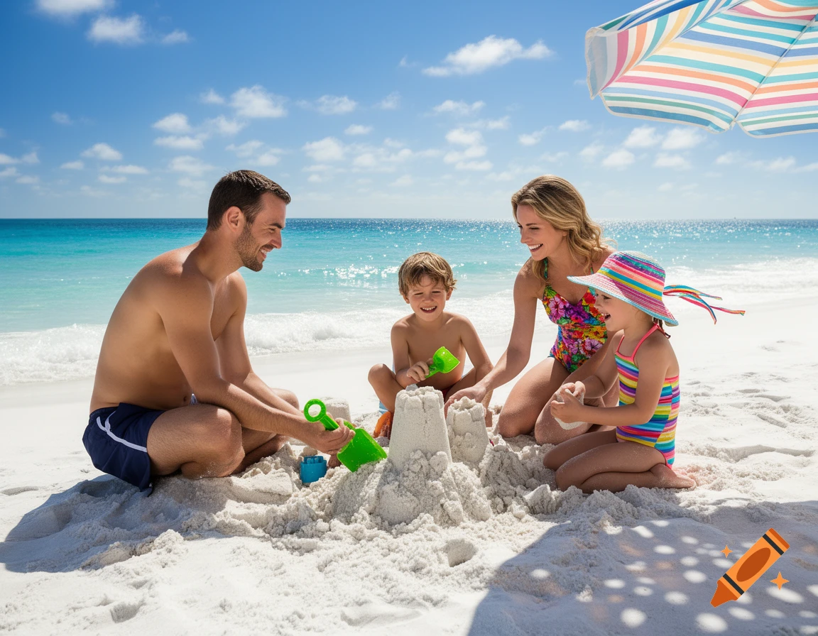 A family, including a father, mother, and two young children, playing together on a sunny white sand beach.