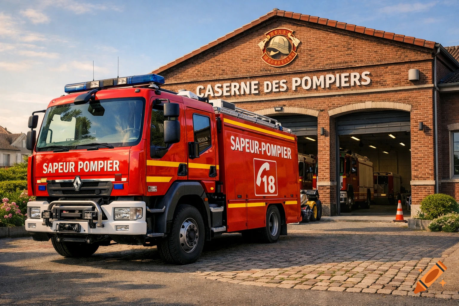 A red French fire truck, with 'SAPEUR POMPIER' and '18' on its side, parked in front of a brick fire station building under a clear sky. The building has 'CASERNE DES POMPIERS' written on it.
