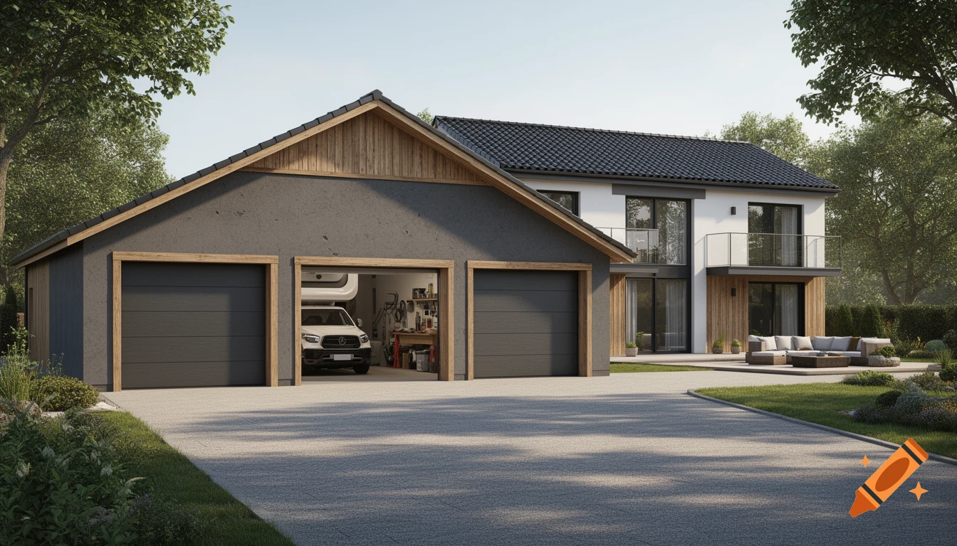 A modern rustic country house with a dark grey three-car garage and a white van parked inside, surrounded by a green landscaped garden and driveway.