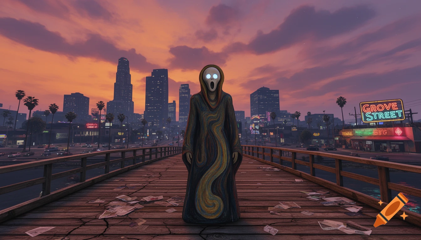 A figure from The Scream painting stands on a cracked wooden bridge in a city at sunset, with skyscrapers and neon signs in the background.