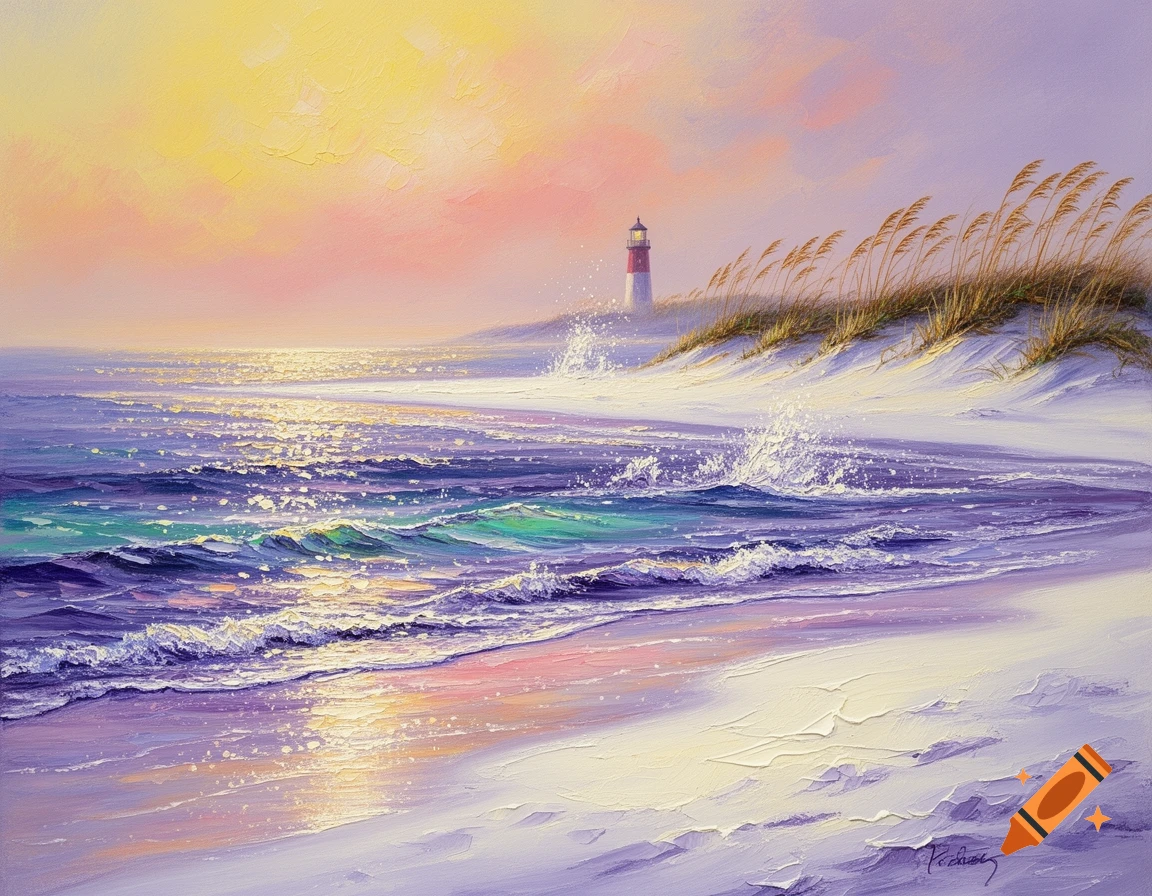 An oil painting of a vibrant sunset seascape with a distant lighthouse, crashing waves, and textured sand dunes.