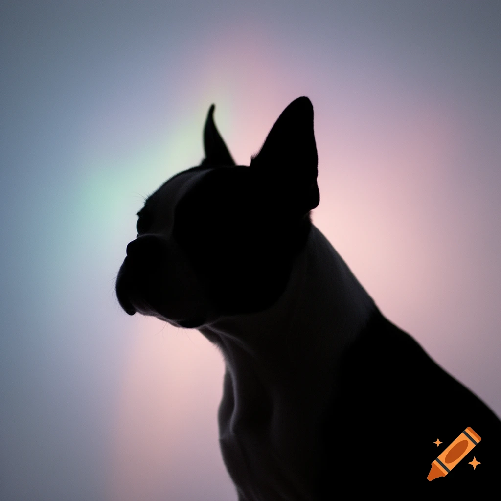A black silhouette of a Boston Terrier in profile against a soft, colorful gradient background.