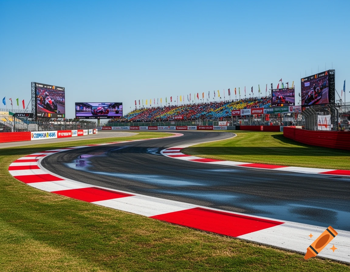 A wide view of a winding race track with red and white curbs, green grass, empty asphalt, and grandstands with spectators and large screens under a clear blue sky.