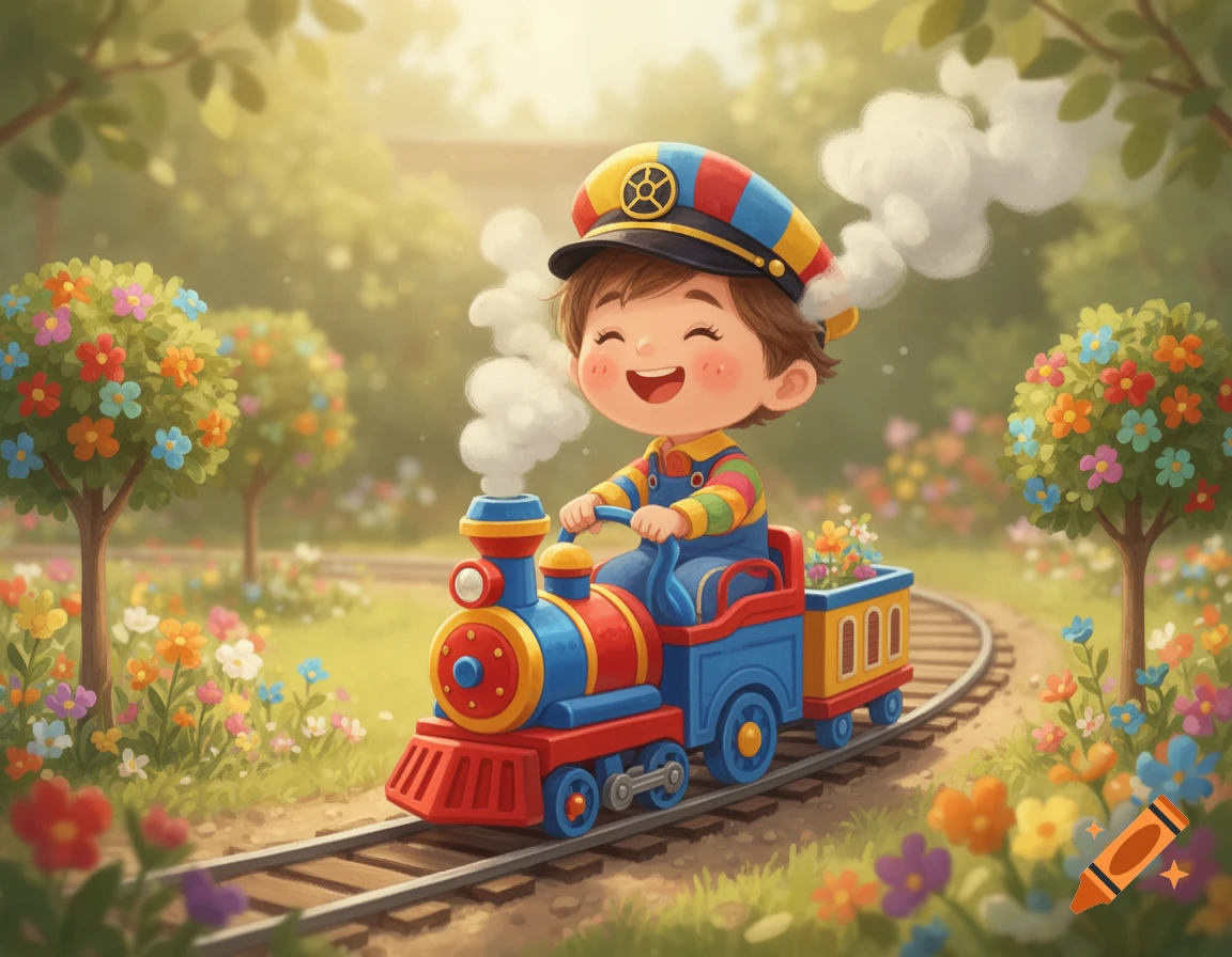 A happy cartoon child in a conductor's hat rides a red and blue toy train through a whimsical, flower-filled garden.