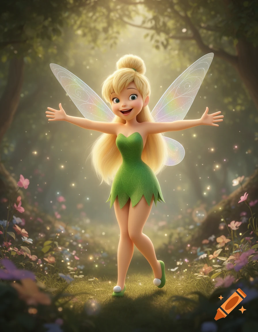 3D animated Tinker Bell with blonde hair in a bun, green leaf dress, arms outstretched, standing in an enchanted forest.