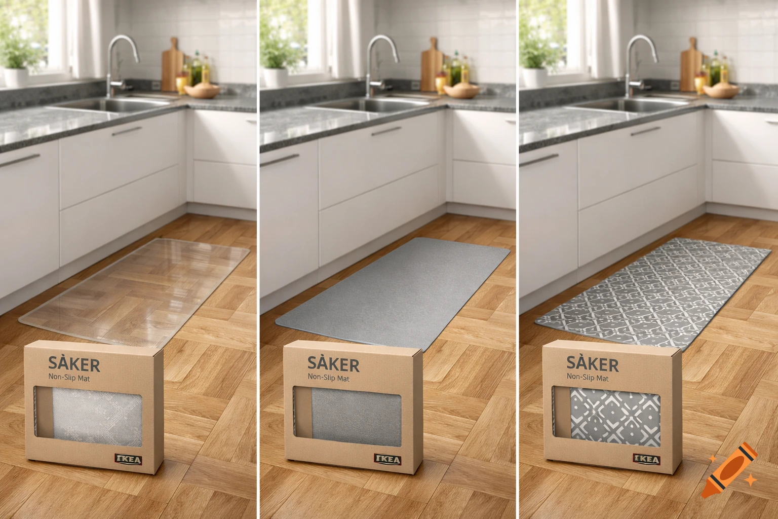 Three mockups in a modern kitchen, each displaying a SÄKER non-slip mat (transparent, gray, patterned) with its IKEA packaging.