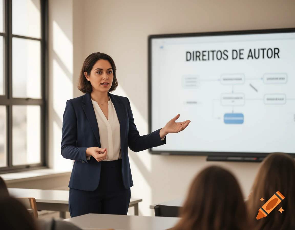 A woman in a blue suit gives a presentation on copyright to an audience in a bright room with a large screen.