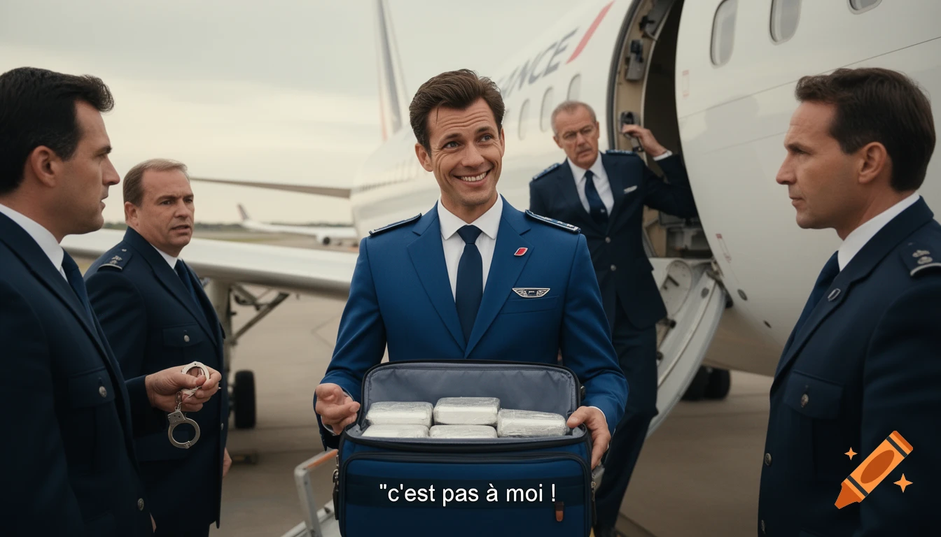 A smiling Air France steward holds open a suitcase full of cocaine packages on an airport tarmac, facing customs officers with handcuffs.