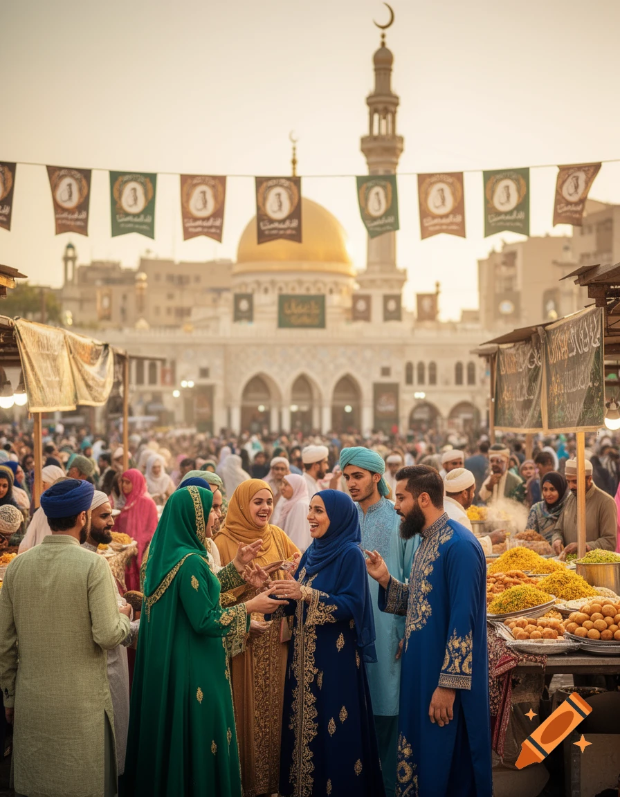 A vibrant, crowded marketplace with people in traditional attire, food stalls, and banners under a warm sky. A mosque with a golden dome and minaret is visible in the background.