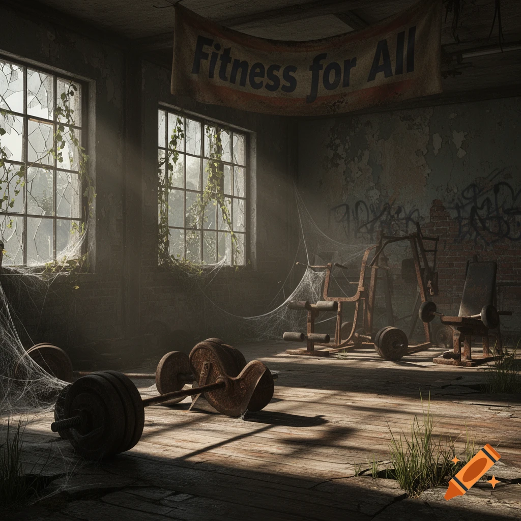 Photorealistic image of an abandoned gym with rusty equipment, broken windows, vines, cobwebs, and a 'Fitness for All' banner.
