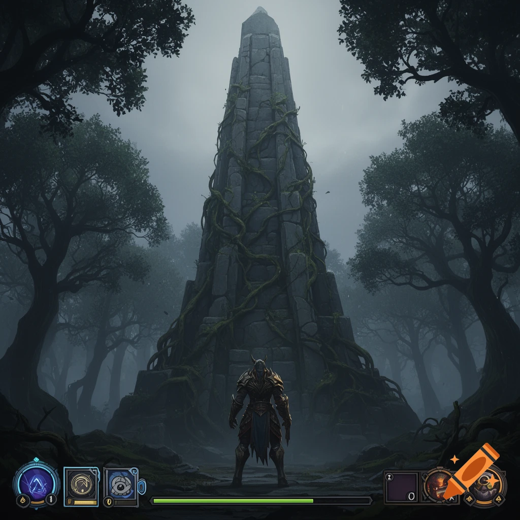A lone fantasy warrior stands before a towering, vine-covered stone obelisk in a dark, misty forest, resembling a video game screenshot.