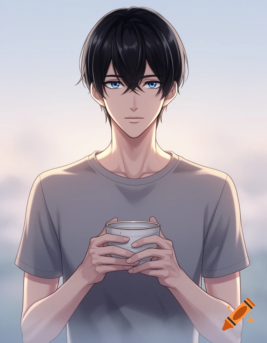 Anime drawing of a young man with black hair and blue eyes, wearing a grey t-shirt, holding a white cup with both hands.