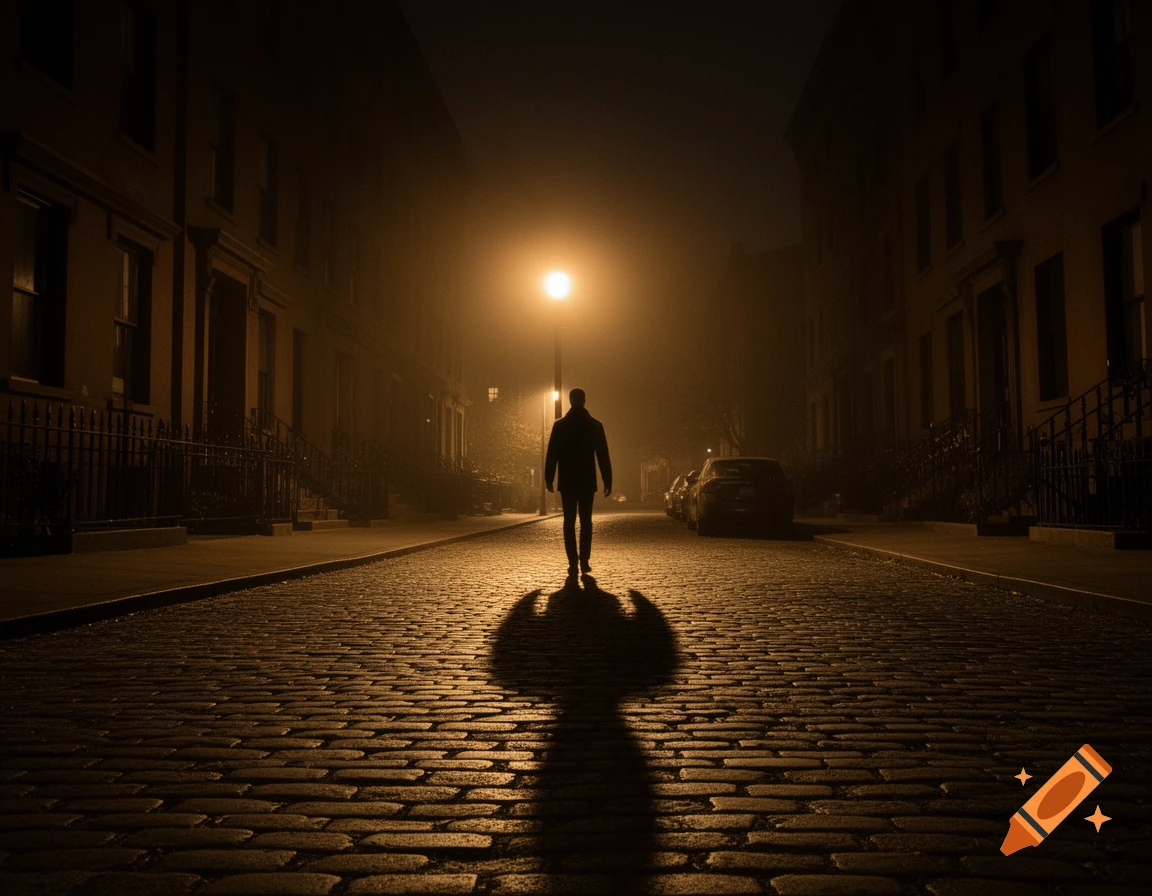 A person's silhouette walks down a foggy cobblestone street at night, illuminated by a streetlamp casting a large shadow.
