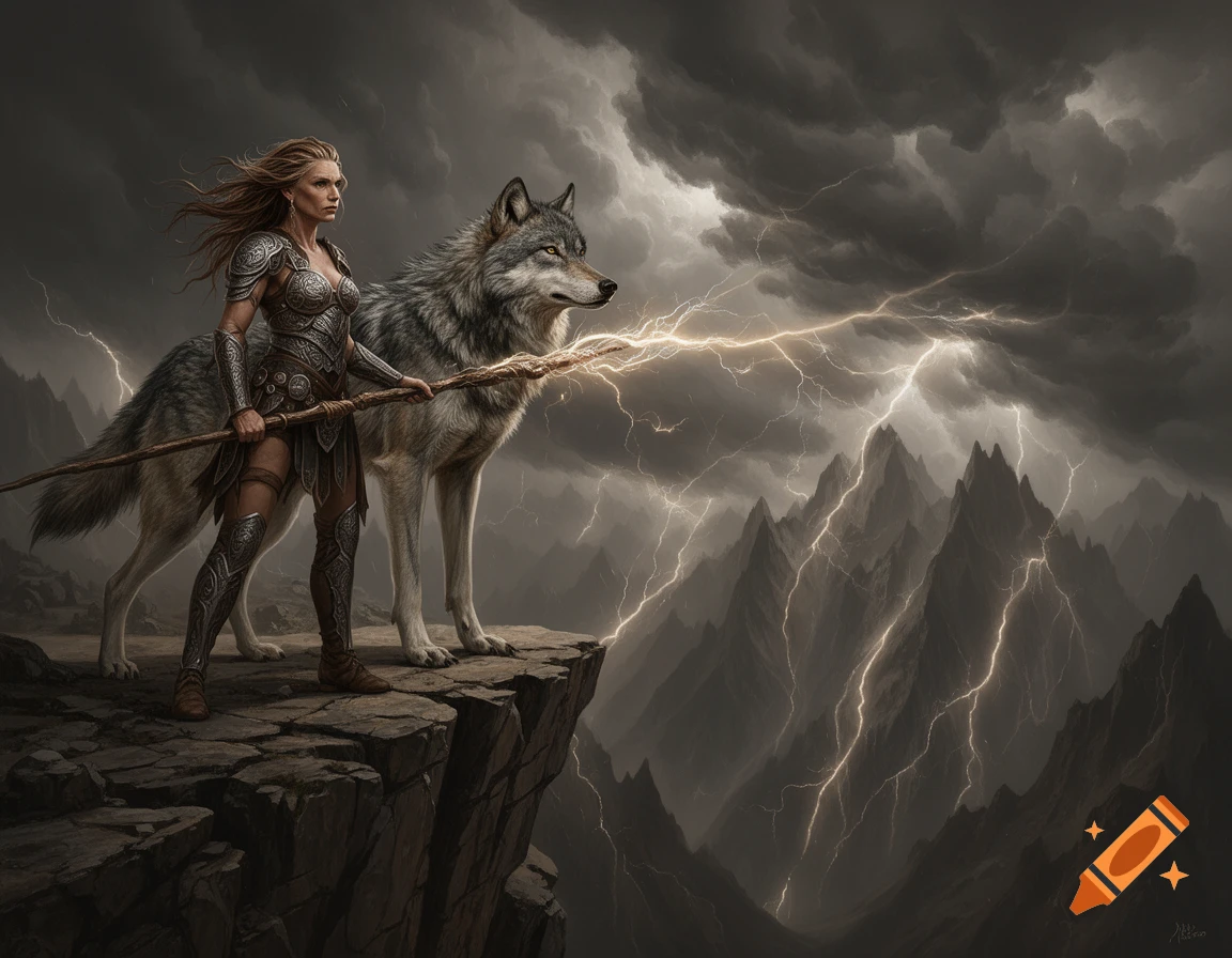 A female warrior in ornate armor stands with a grey wolf on a rocky ...
