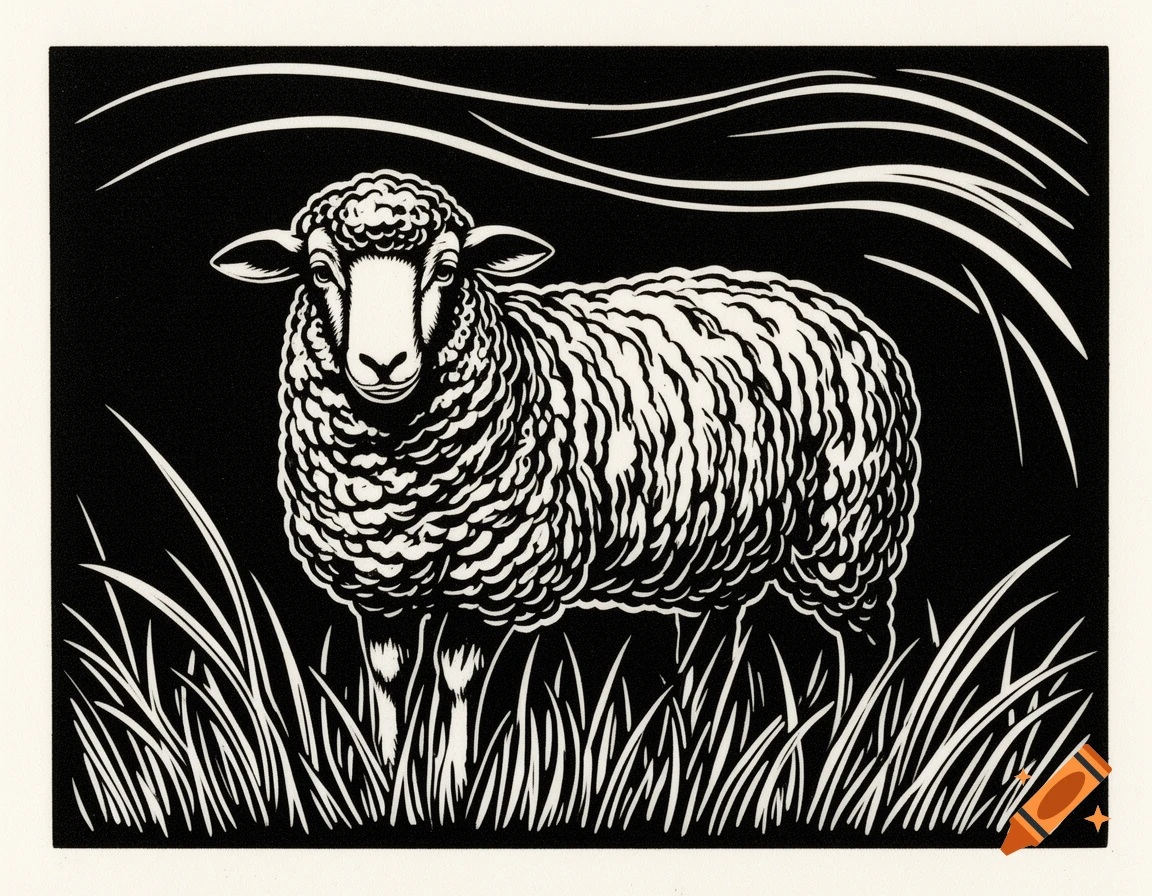 A black and white linocut illustration of a sheep standing in tall grass.