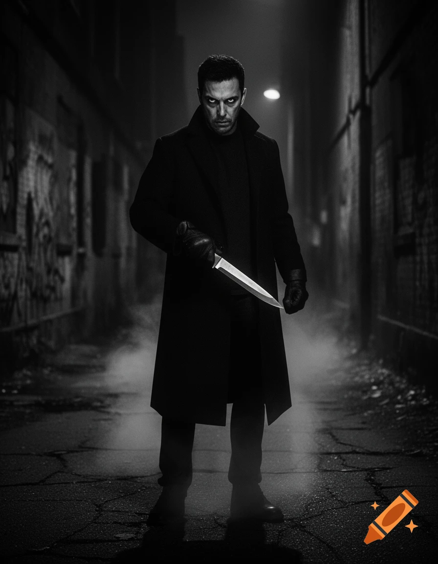 A menacing man in a long coat stands in a dark, foggy alley holding a large knife, looking intensely at the viewer in a black and white, photorealistic style.