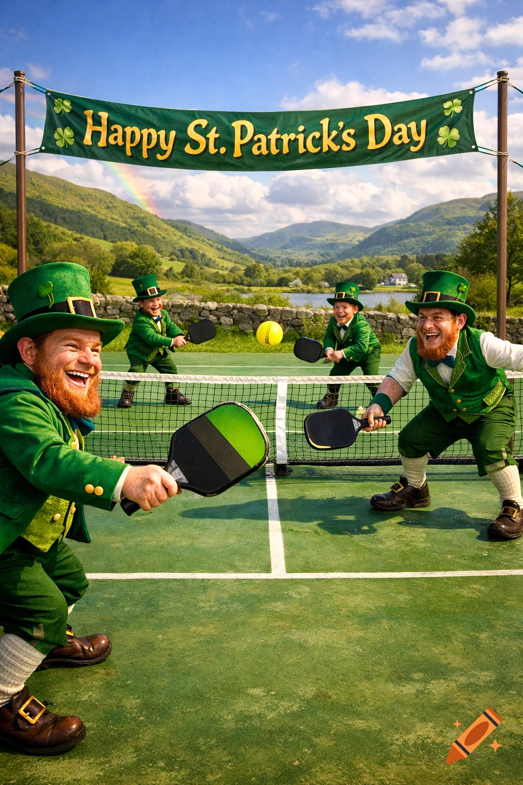 Four joyful leprechauns play pickleball on an outdoor court under a 'Happy St. Patrick's Day' banner with a rainbow over green hills.