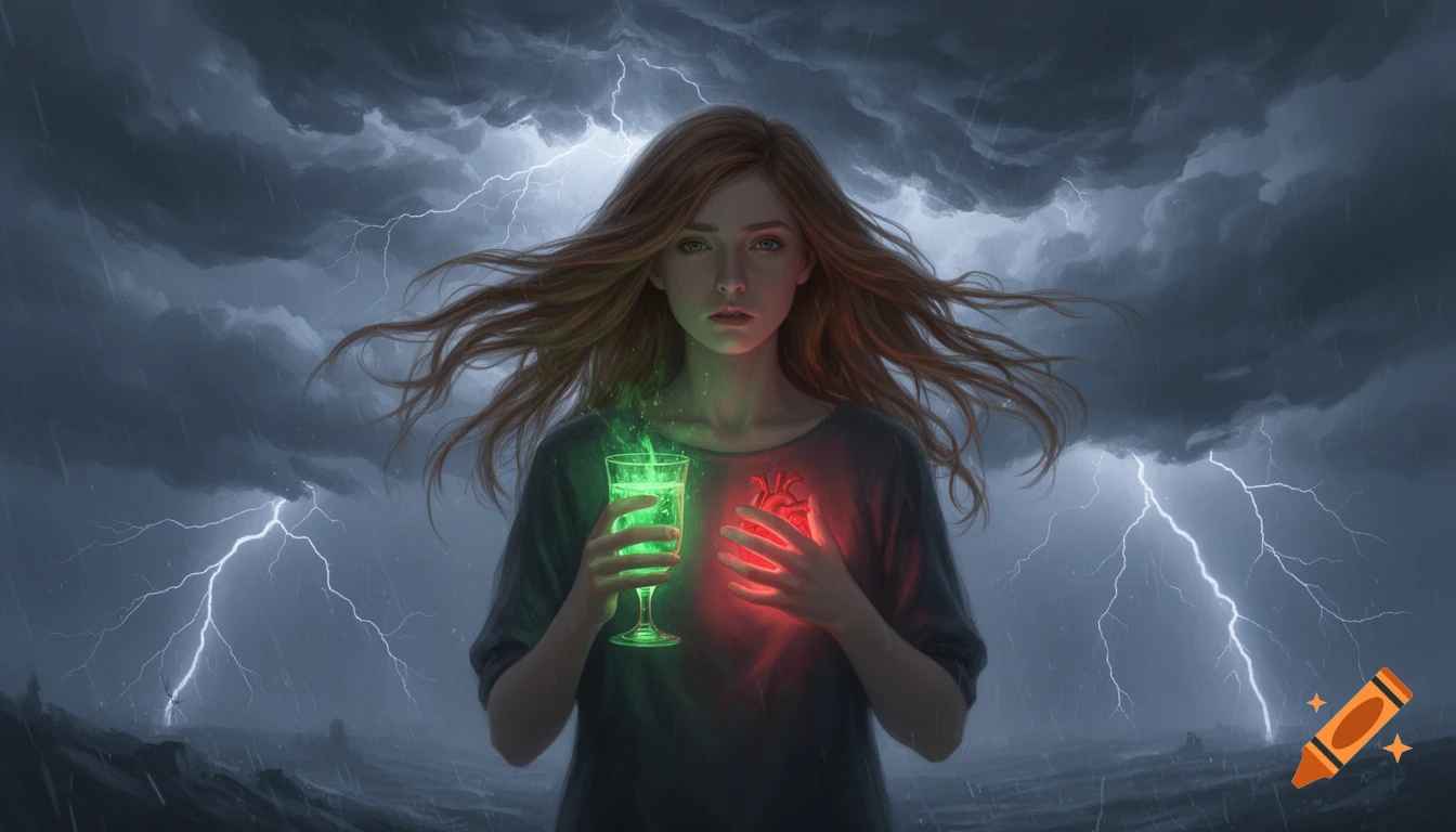 Digital painting of a woman with flowing hair, holding a glowing green drink and a red glowing heart, under a stormy sky with lightning.