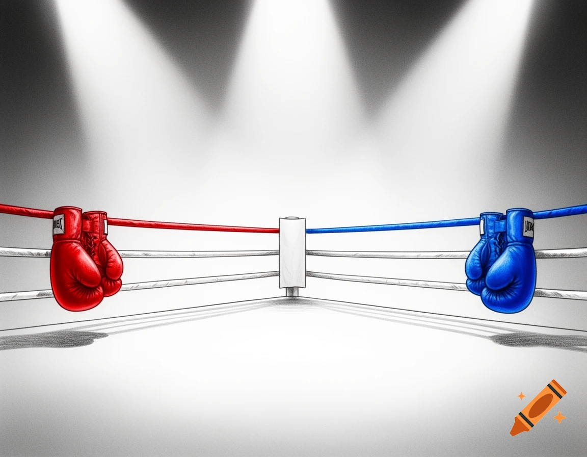 Stylized drawing of a boxing ring with a red pair of boxing gloves on the left rope and a blue pair on the right rope, under spotlights.