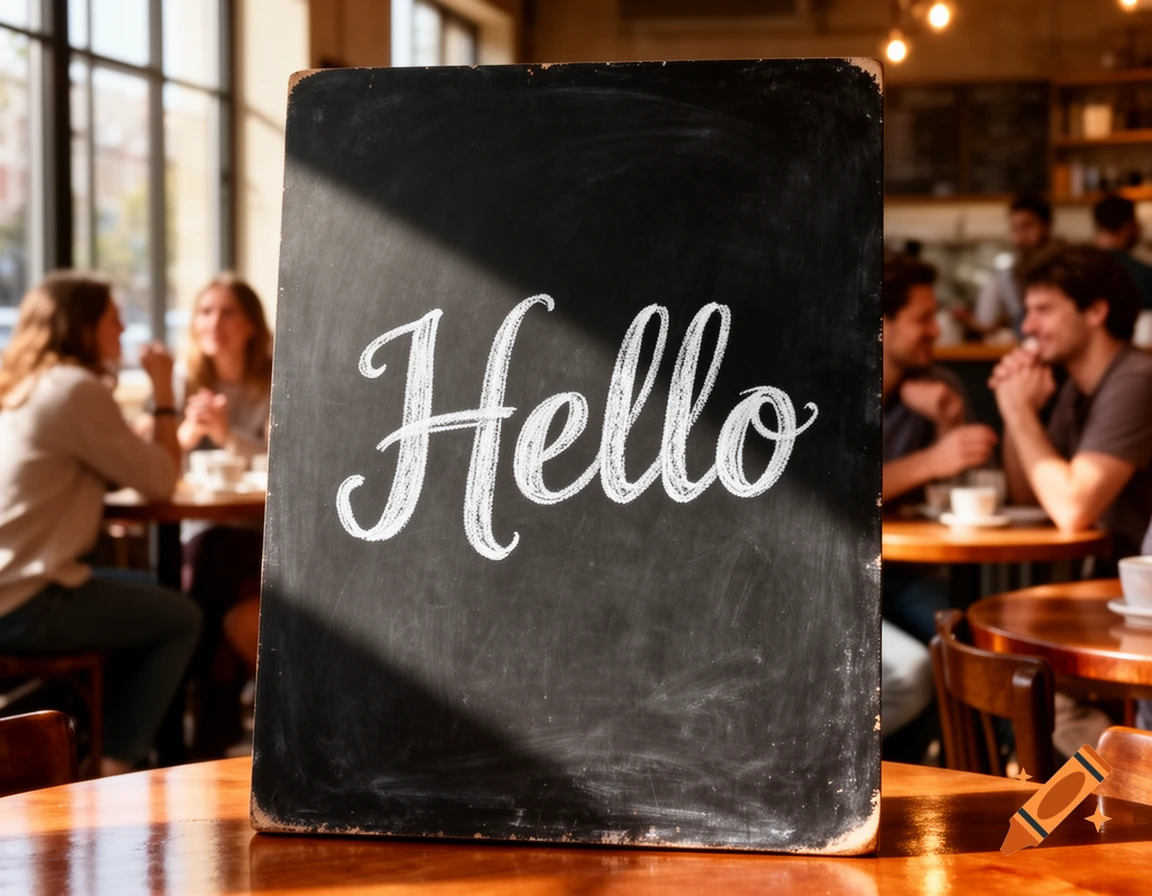 A chalkboard with 'Hello' written in white script sits on a wooden table in a sunny cafe with blurry patrons in the background.