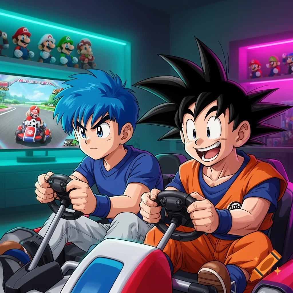 Tsubasa Ozora and Son Goku playing Mario Kart on a TV screen in a neon-lit gaming room filled with Mario plushies. The characters are in an anime style.