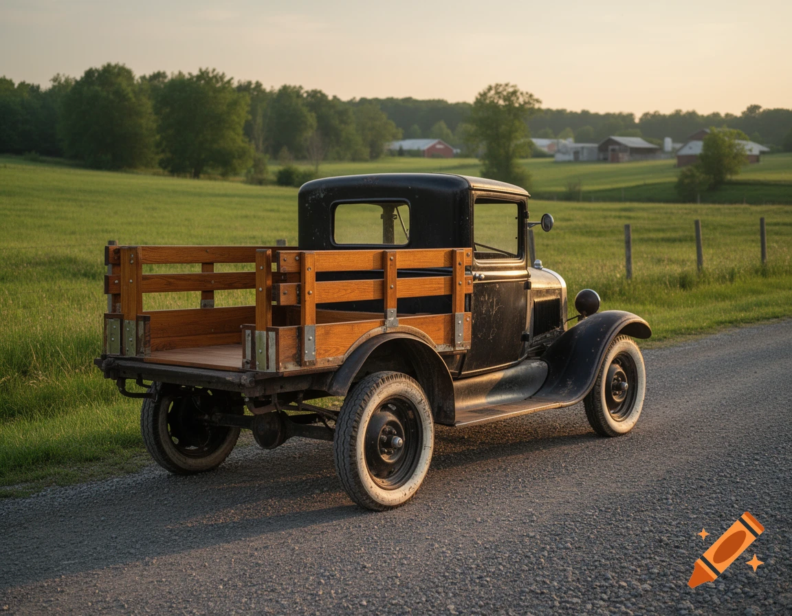 A black vintage utility truck with a wooden bed on a gravel road, with green fields and distant farm buildings under a soft sky.