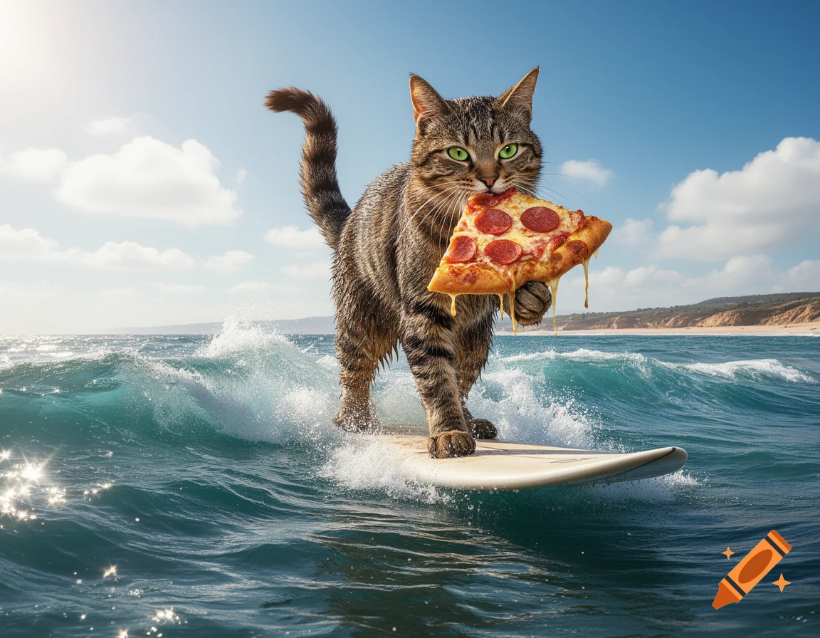 A photorealistic tabby cat with green eyes stands on a surfboard, riding a blue ocean wave while holding a slice of pepperoni pizza in its mouth.