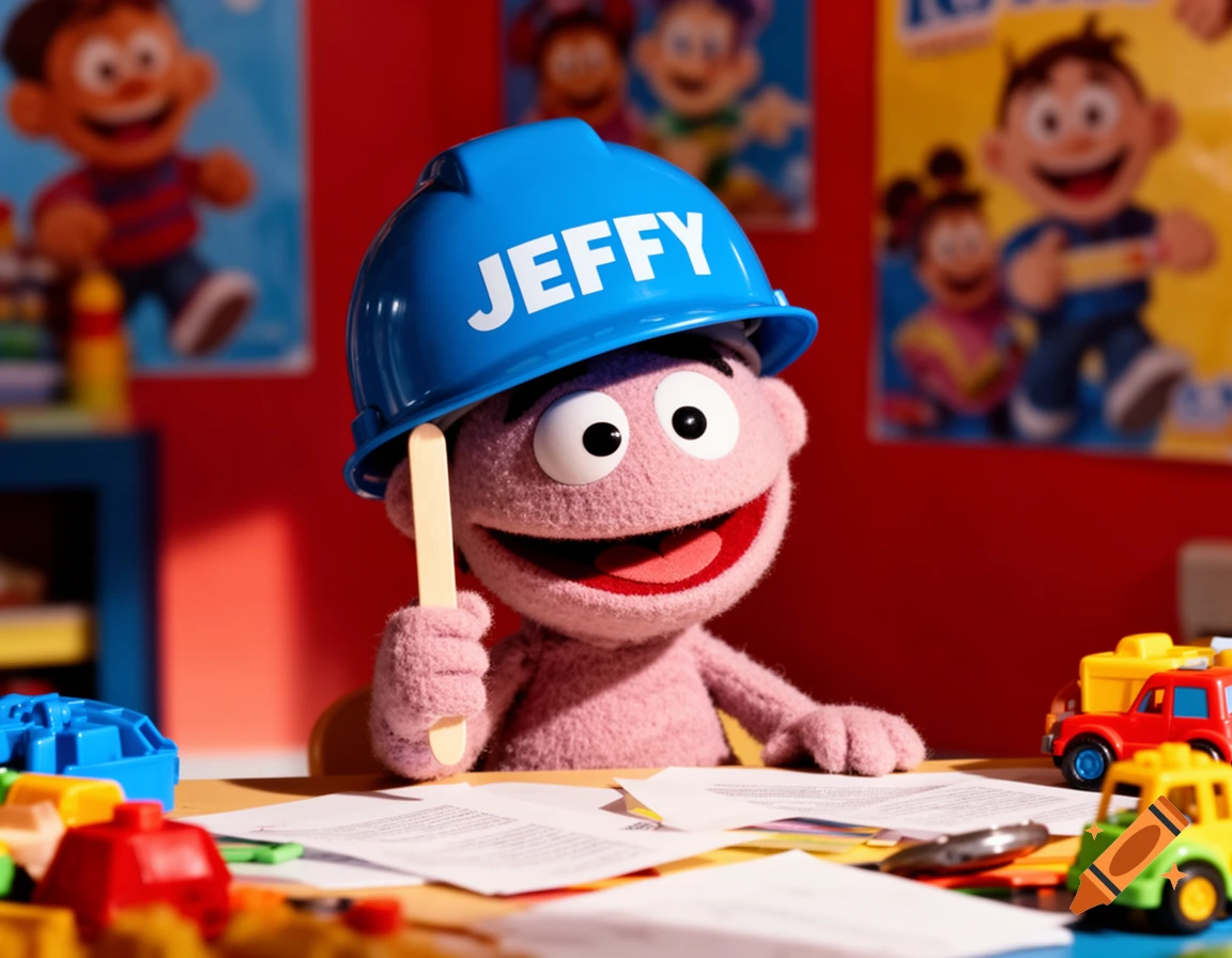 A pink puppet wearing a blue hard hat with 'JEFFY' written on it sits at a desk with toy cars and papers.