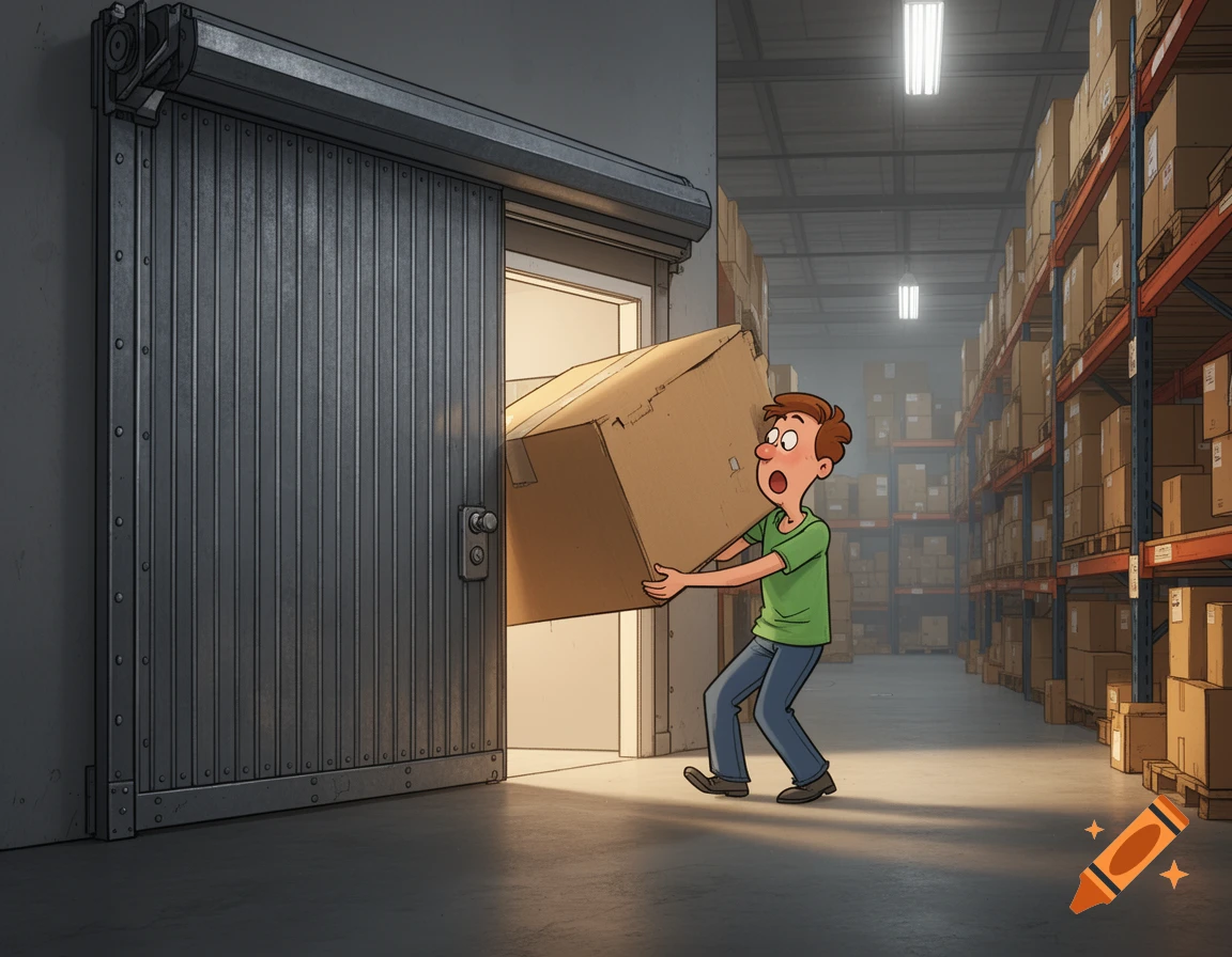 A cartoon man struggles to carry a large box through a doorway in a warehouse, appearing stuck.