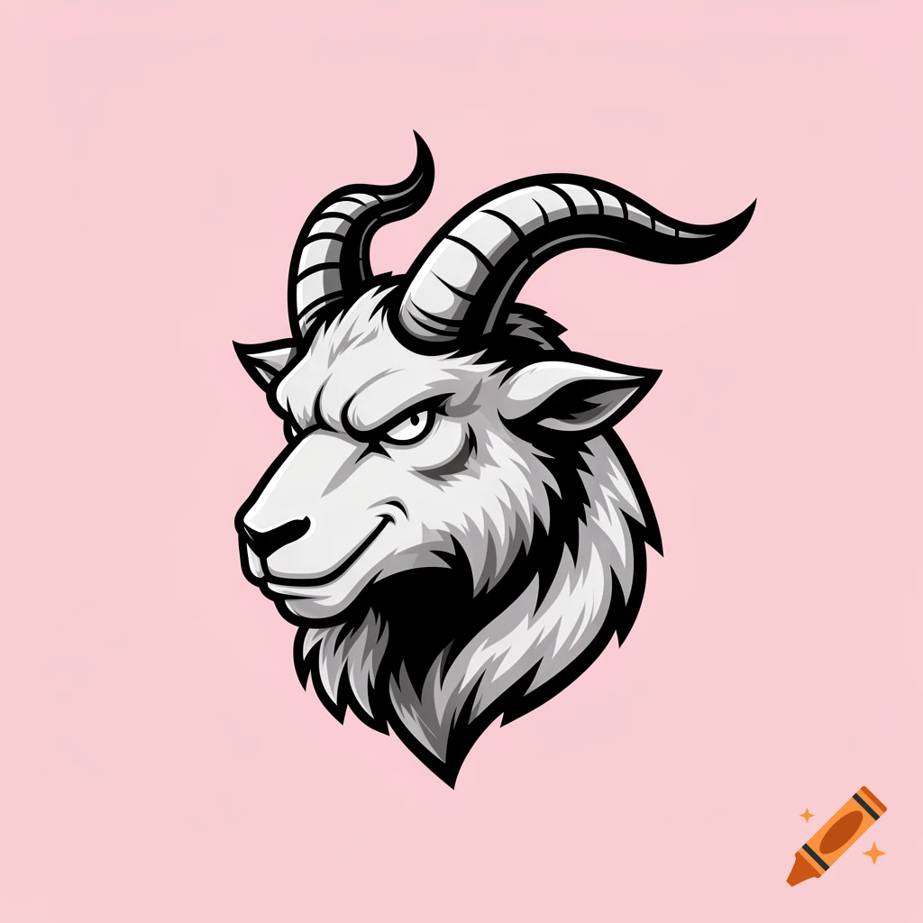 A black and white mascot-style goat head with large horns and fur, looking left with a smug expression on a pink background.