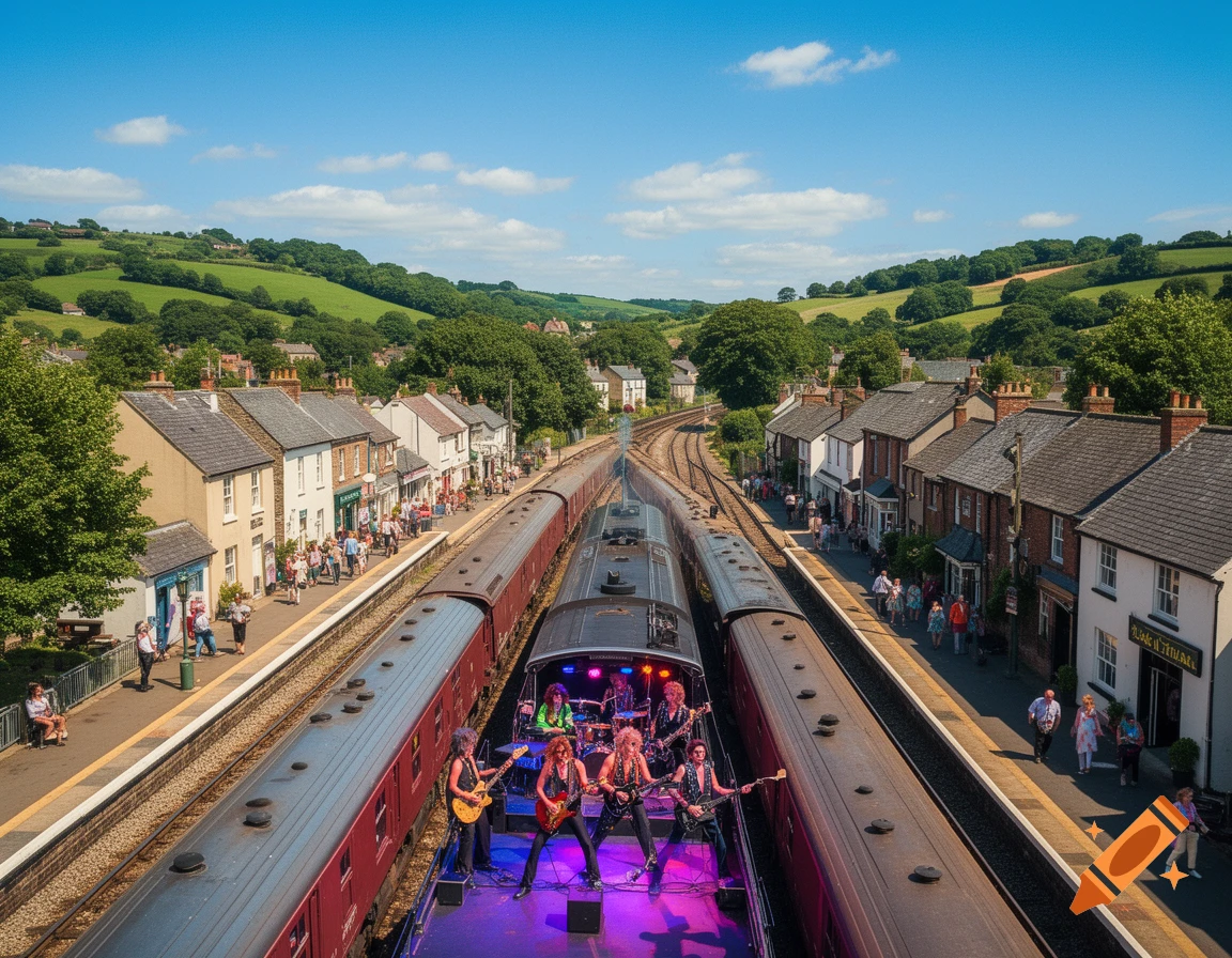 A rock band performs on an open train car stopped at a station, surrounded by houses in a green valley under a blue sky.