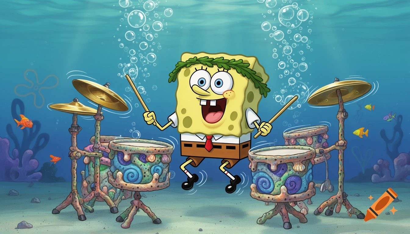 SpongeBob SquarePants, wearing a leaf crown, happily plays a detailed, coral-themed drum set underwater with fish swimming by.
