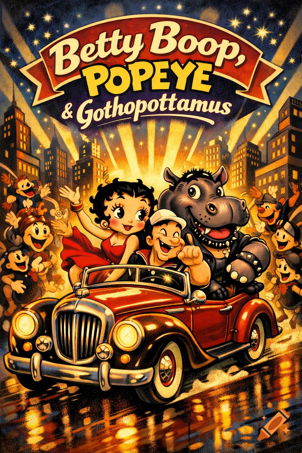 Vintage cartoon poster of Betty Boop, Popeye, and Gothopottamus riding in a red classic car through a city with cheering crowds.