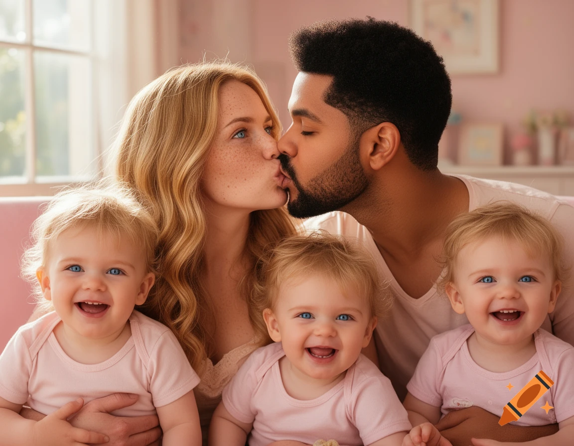 Photorealistic image of a couple kissing, holding three smiling blonde babies with blue eyes.