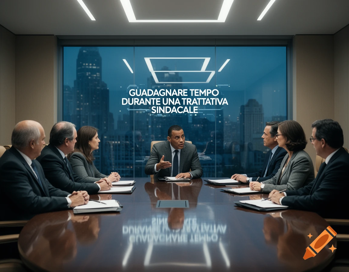 A diverse group of professionals in suits sitting around a polished conference table during a business meeting, with text 'GUADAGNARE TEMPO DURANTE UNA TRATTATIVA SINDACALE' on a large screen behind them, photorealistic.
