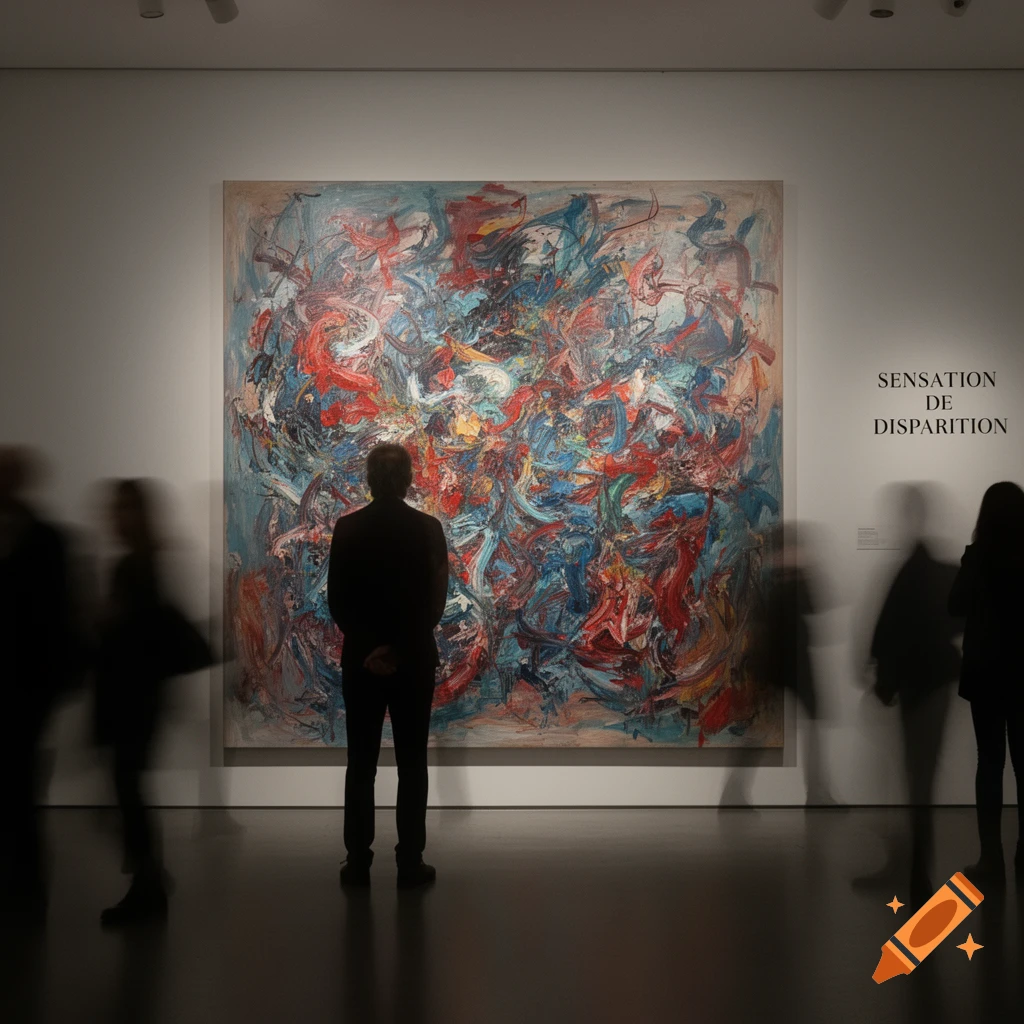 A person stands with their back to the viewer, admiring a large, vibrant abstract painting in a dimly lit art gallery with other blurred figures.