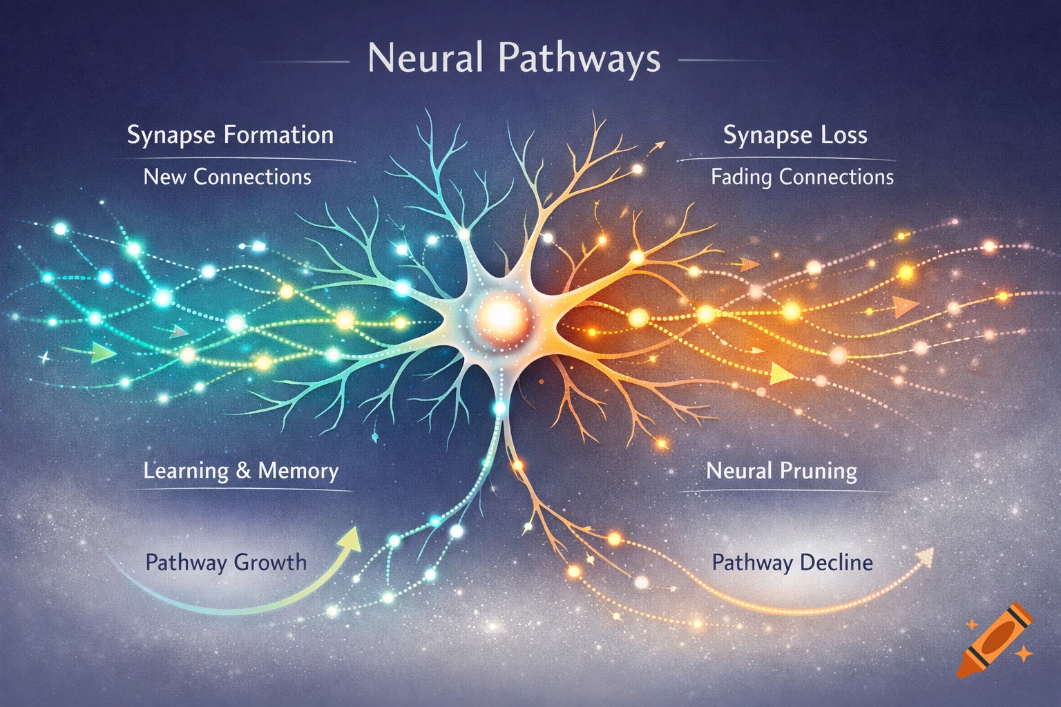 Infographic illustrating neural pathways, showing synapse formation and growth, and synapse loss and decline.
