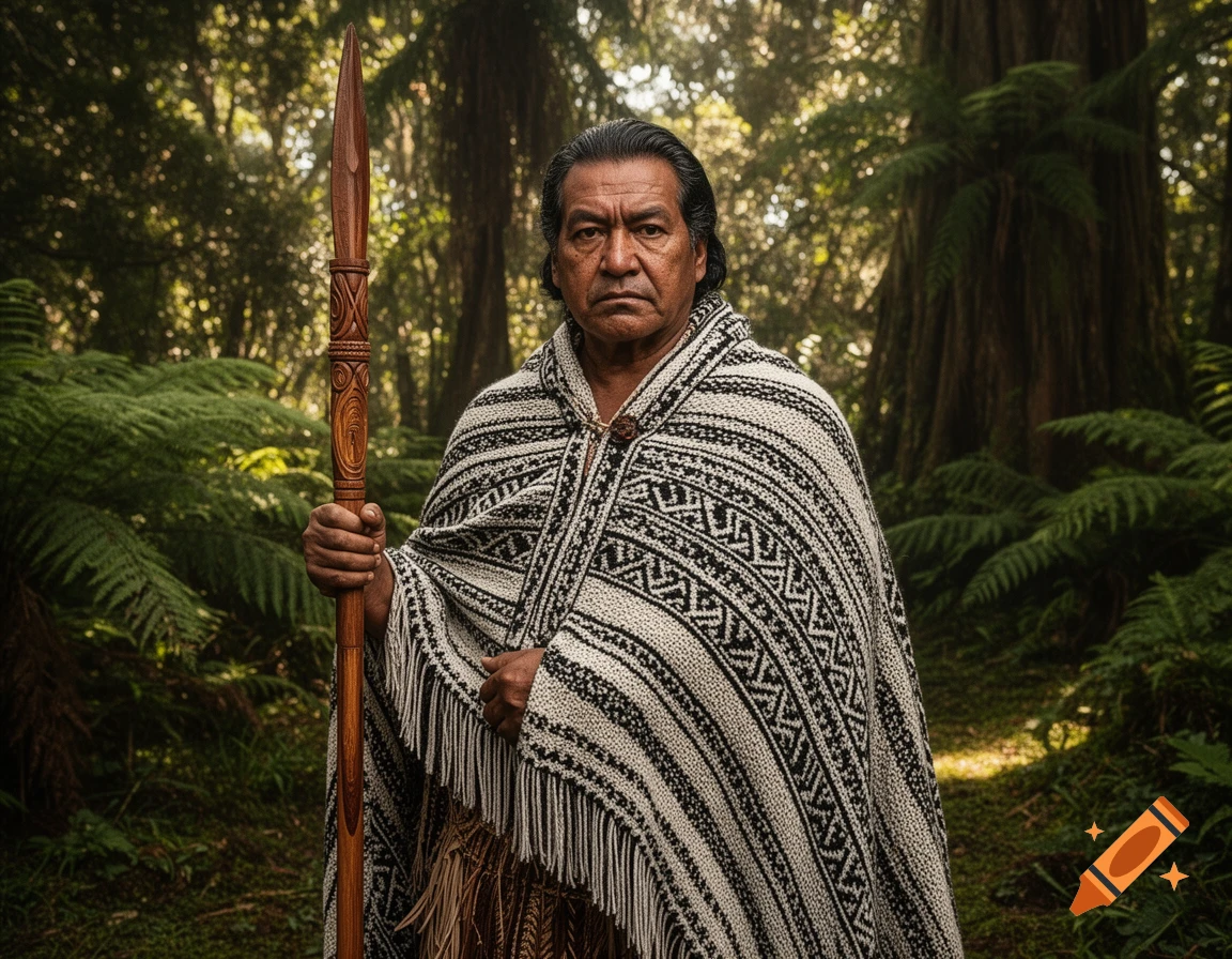 A man in a black and white patterned cloak holds a carved spear in a lush forest.